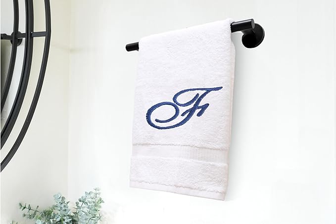 White Monogrammed Hand Towels for Bathroom - Luxury Hotel Quality Personalized Initial Embroidered Towel for Powder Room, Spa - GOTS Organic Certified - Pack of 2 Navy, Letter F