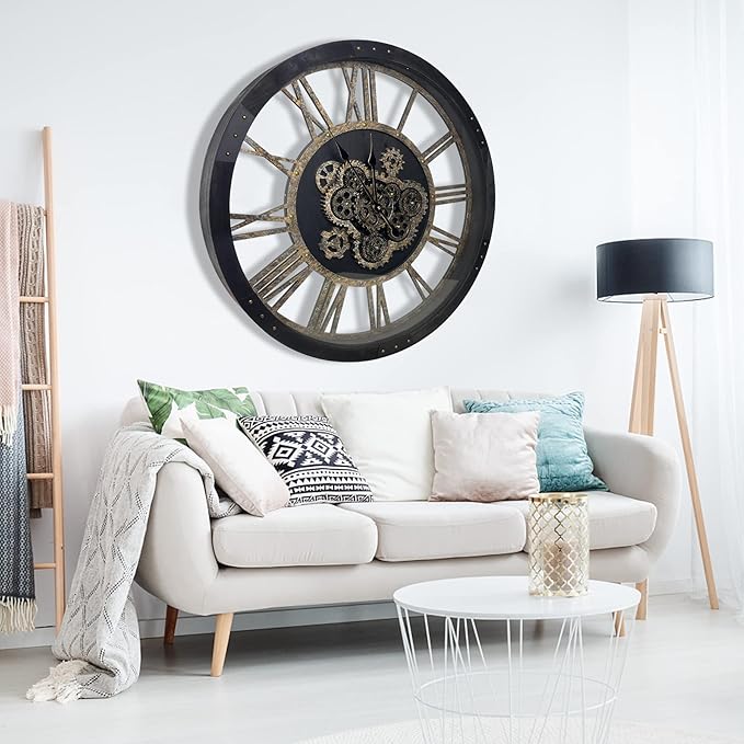 DORBOKER 30" Large Wall Clock Moving Gears,Oversized Industrial Rustic Farmhouse Clocks for Living Room Decor Office Home, Solid Wood Retro Metal HD Tempered Glass Cover,Black and Vintage Bronze
