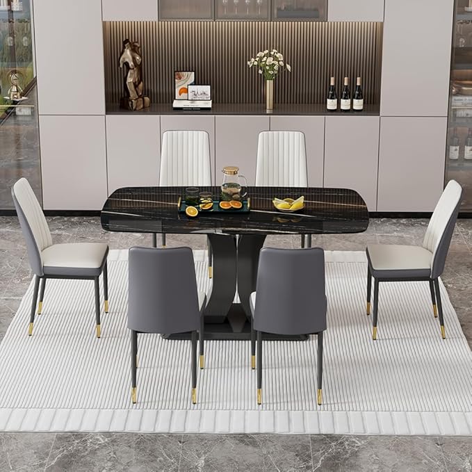 Modern Dining Table Set for 6, Marble Kitchen Table Chair Set for 6, Rectangular Kitchen Table with 6 Pu Leather Upholstered Chair for Dining Room