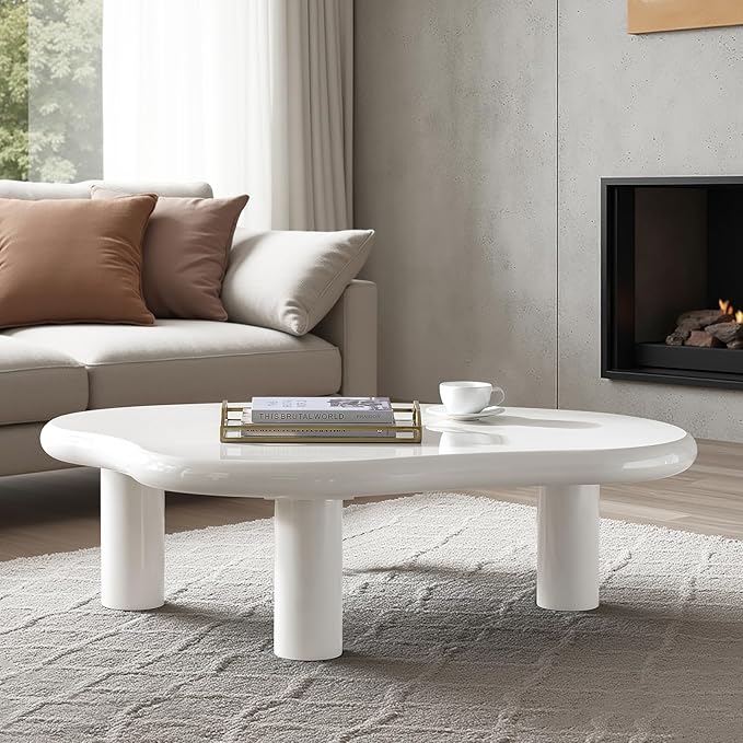 HULALA HOME Modern Cloud-Inspired Coffee Table with Asymmetrical Lacquered Top, Adjustable Legs & Rounded Corners, 50.5”W Contemporary Center Table for Living Room/Office, Holds 110 LBS, Easy Assembly
