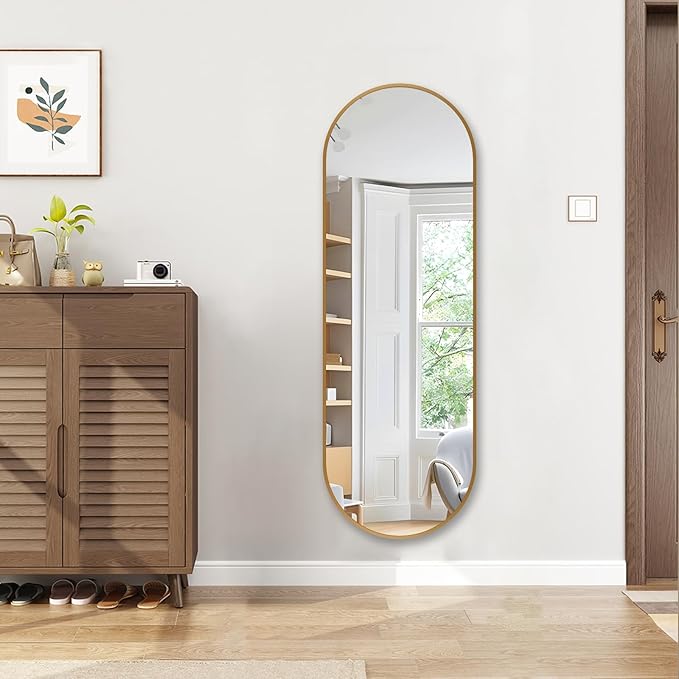 Oval Full Length Mirror, 48"×16" Wall-Mounted Mirror with Metal Frame, Ultra-Clear Explosion-Proof Dressing Mirror, Simple and Classic Deco for Cloakroom/Bedroom/Living Room, Gold