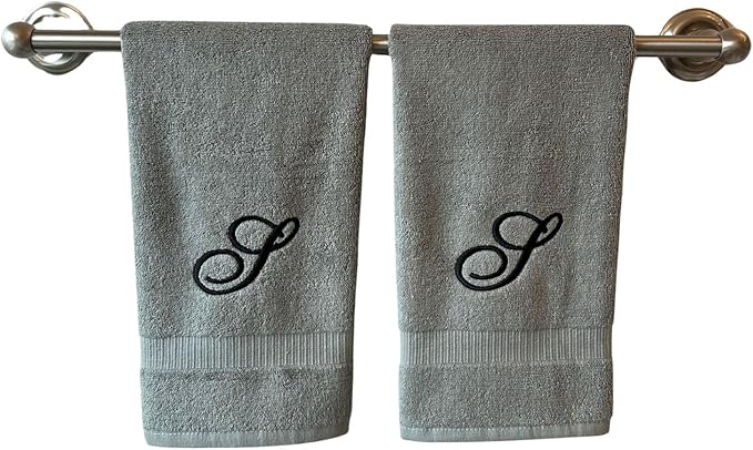 Gray Monogrammed Hand Towels for Bathroom - Luxury Hotel Quality Personalized Initial Embroidered Towel for Powder Room, Spa - GOTS Organic Certified - Set of 2 Black Letter S