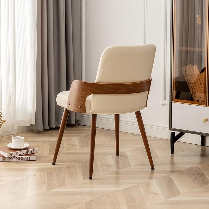 Dining Room Chairs Set of 4,Mid Century Modern Kitchen Chair,Upholstered Faux Leather Accent Chairs,Metal Legs Wooden Desk Chair,Armless and No Wheels for Kitchen Dining,Beige PU