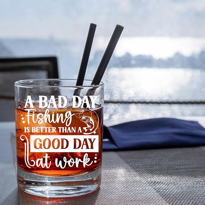 Fish Lovers Gifts Old Fashioned Whiskey Glasses, Fishing Gifts for Fisherman, Funny Fishing Gift 10 oz Rocks Barware Cup for Cocktail Drinks Scotch Bourbon Liquor