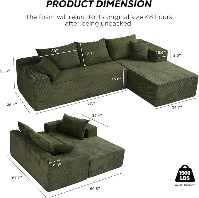 Green Boneless Couches for Living Room – Sectional Cloud Couch in Box, Modular L-Shaped Sofa with Deep Seating for Bedroom Lounge Office, Soft Corduroy Fabric
