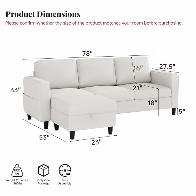 Small Sectional Couch, L Shaped Sectional White Couch in a Box, Small Couches with Ottoman, 3 Seater Sofa for Living Room, Apartment, Dorm, Office