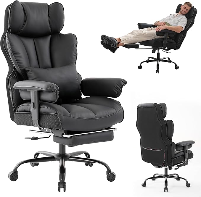 Big and Tall Office Chair 400lbs Wide Seat,High Back Gaming Chair with Foot Rest, Ergonomic Reclining Executive Office Chairs Lumbar Support,Leather Computer Chair Adjustable Arm(Black)