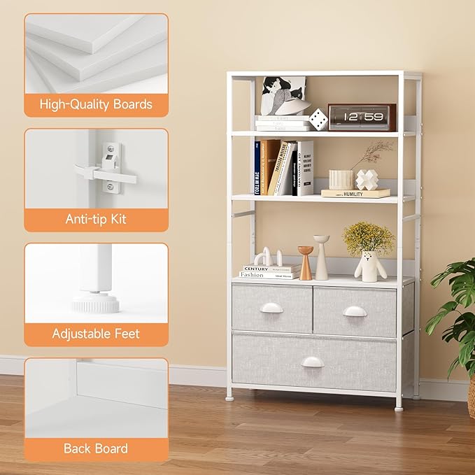 6 Tier Bookshelf, Bookcase with 3 Storage Drawers, Wood and Metal Book Shelf Storage Organizer, Industrial Display Standing Shelf Unit for Bedroom, Living Room, Rustic Brown, White