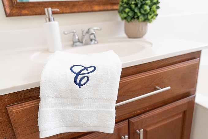 White Monogrammed Hand Towels for Bathroom - Luxury Hotel Quality Personalized Initial Embroidered Towel for Powder Room, Spa - GOTS Organic Certified - Set of 2 Navy Letter C