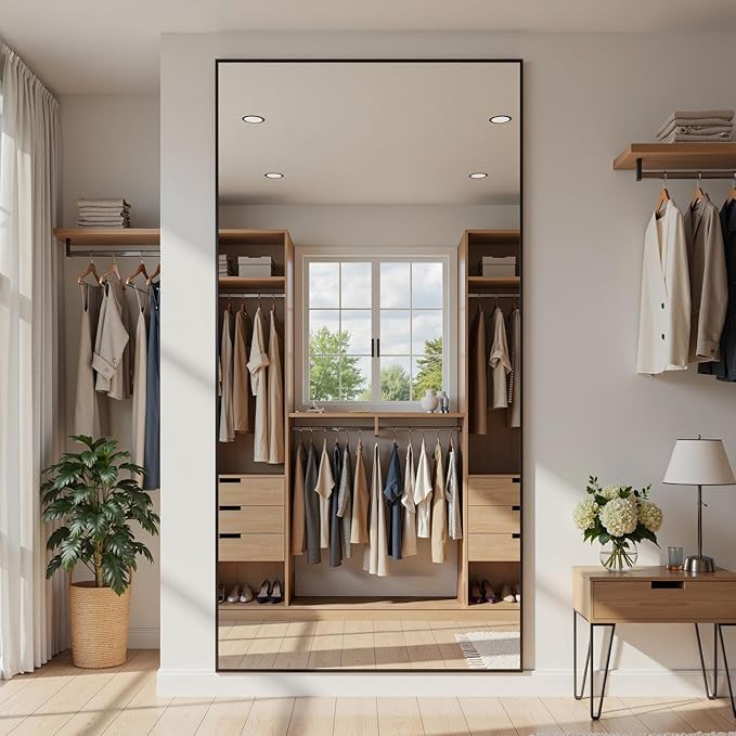 Full Length Mirror, 76"x34" Full Body Mirror, Floor Mirrors with Stand, Body Mirrors Standing Hanging Leaning Against Wall,Aluminum Frame Mirrors for Bedroom Cloakroom,Living Room,Black