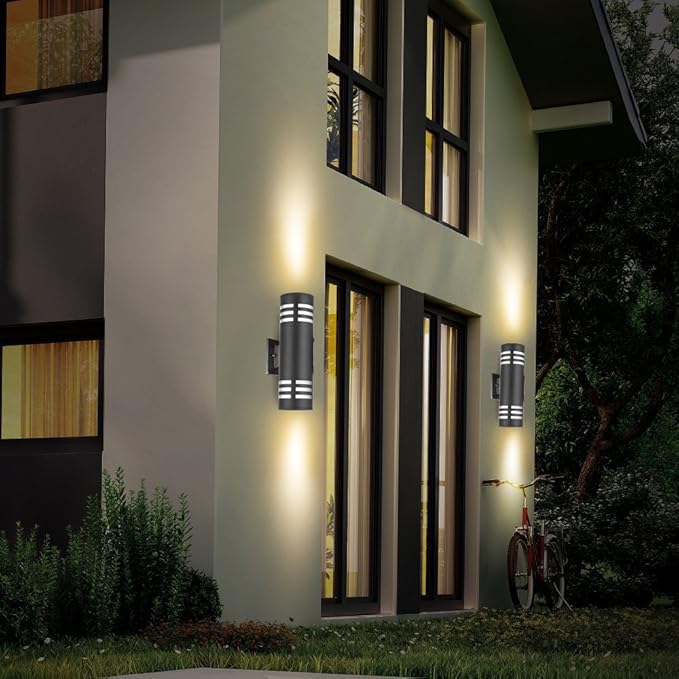 TENGXIN Outdoor Wall Light,Up and Down Cylinder Patio Porch Light,Stainless Steel 304 and Toughened Glass,Black Finished,IP 65 Waterproof