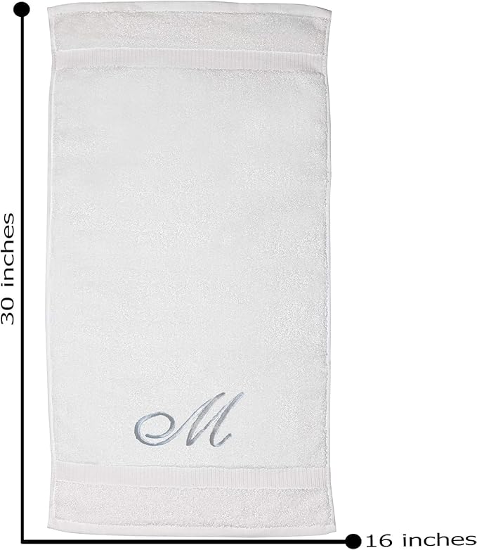 White Monogrammed Hand Towels for Bathroom - Luxury Hotel Quality Personalized Initial Embroidered Towel for Powder Room, Spa - GOTS Organic Certified - Pack of 2 Silver, Letter M
