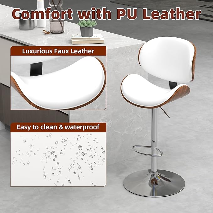 civama Bar Stools Set of 6 for Kitchen Counter, Adjustable Bar Height Chairs, Modern Swivel Barstools with Bentwood Seat and Back with Footrest for Kitchen Island, Dining Room, White PU Leather