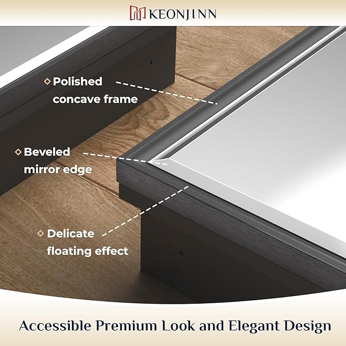 Keonjinn 16" x 24" Black Medicine Cabinets for Bathroom with Mirror Recessed or Surface Wall-Mounted Aluminum Alloy Framed Beveled Mirror, Single Door Metal Bathroom Vanity Mirror with Storage Cabinet
