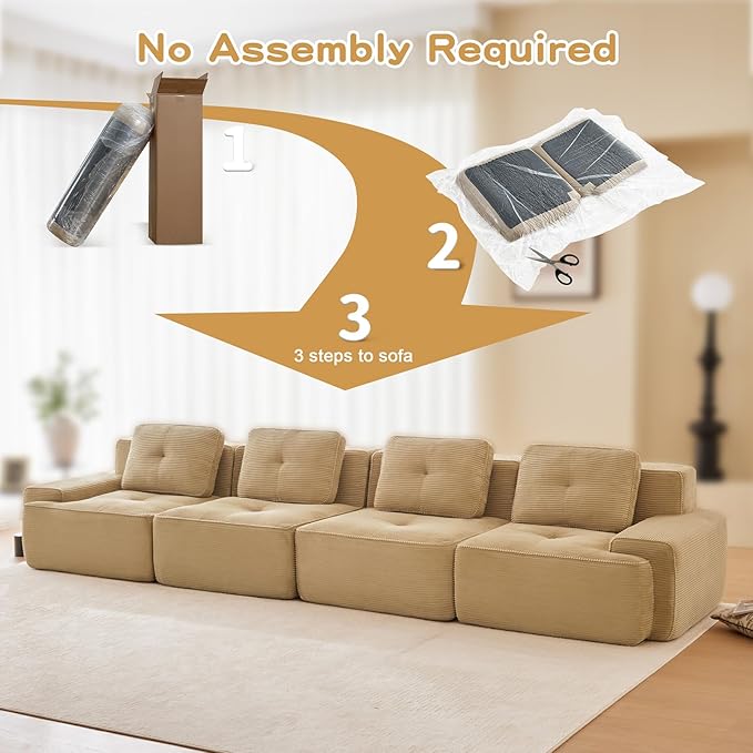 150" Modern Corduroy Cloud Sofa, Boneless Modular Large Sectional Couches for Living Room, Camel 4 Seater Compressed Memory Foam Couch, Extra Deep Seat, No Assembly