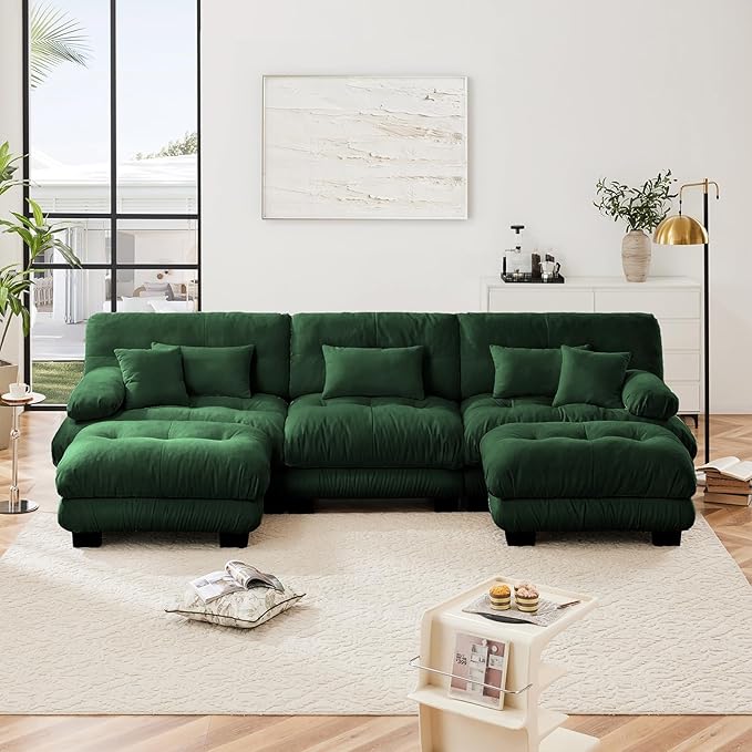 133.8" Oversized Couch, 3 Seater Modular Sectional Sofa, Green Large U Shaped Sectional Couches for Living Room, Fluffy Chenille Fabric Cloud Couch with 2 Ottomans, Deep Seat Sofas