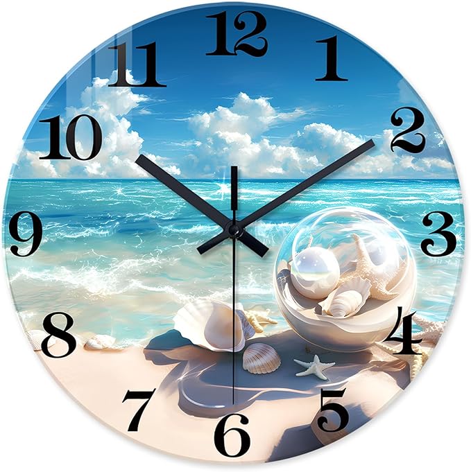 XNM Coastal Glass Clocks Battery Operated 20 Inch Blue Large Wall Clocks for Living Room Decor Round Quiet Wall Clock Modern