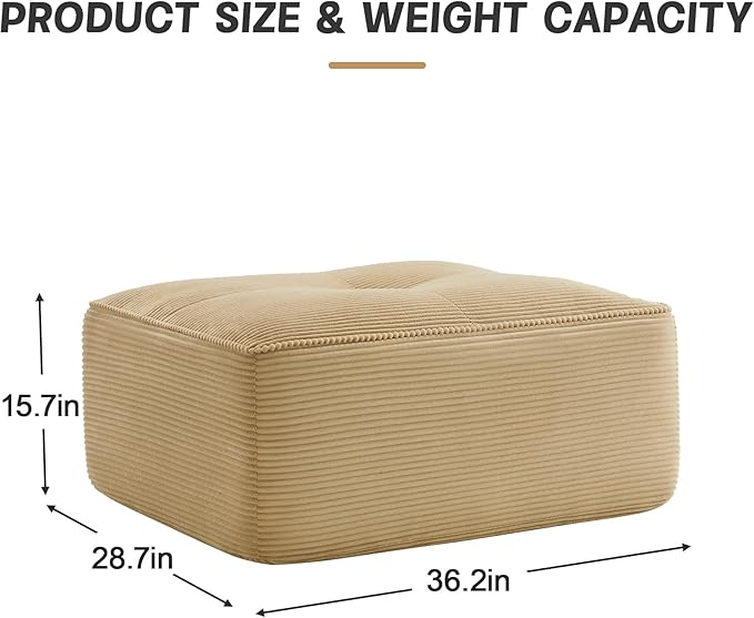 Camel Ottoman for Modular Sectional Sofa, Corduroy Deep Seat for Oversized Compressed Boneless Sectional Couches for Living Room Bedroom Apartment, Cloud Sofa Couch, Memory Foam, No Assembly