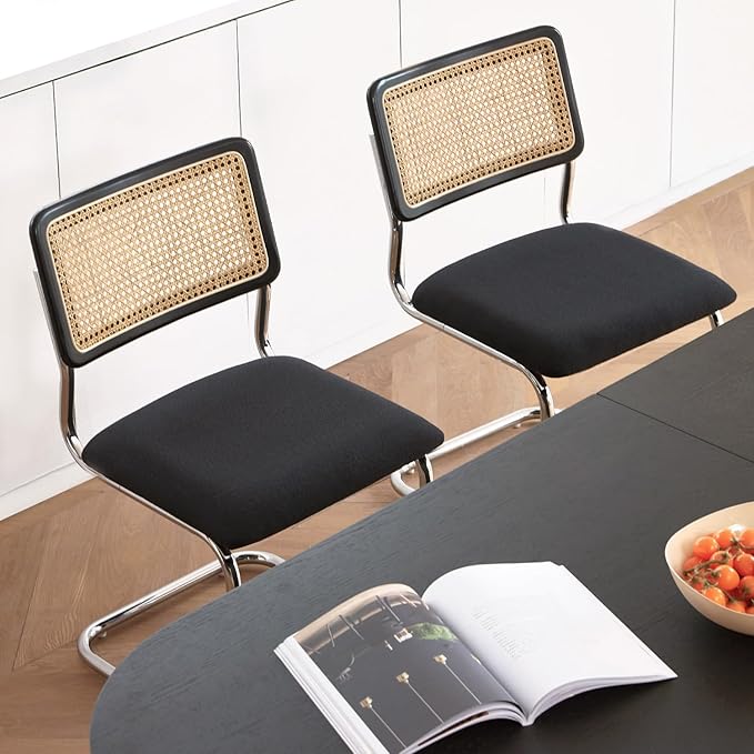 Black Chrome Rattan Dining Chairs Set of 4,Wooden Mid-Century Modern Kitchen Chairs, Mesh Back Cane Dining Room Chair, Cesca Design Chairs with Metal Chrome Legs
