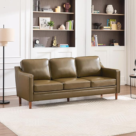Kingfun 80" Faux Leather Sofa, 3 Seater Couch, Mid Century Modern Couch with Solid Wood Frame for Living Room & Bedroom, Olive Green
