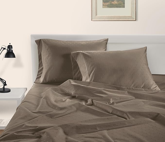 LANE LINEN 100% Egyptian Cotton Twin XL Sheets Set, Soft & Comfy Thick Fully Elasticized Mercerized Cotton Sheets Extra Large Twin Sheets, No Pill Fade Resistant Elegant Jaquard Swiss Dot - Taupe
