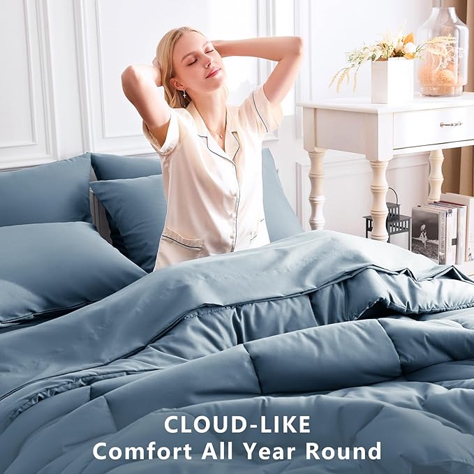 CozyLux Queen Comforter Set Mineral Blue, 7 Pieces Bed in a Bag, Blue Comforter Queen Size, All Season Bedding Sets with Stitch Quilted Comforter, Flat Sheet, Fitted Sheet, Pillowcases