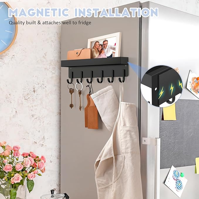 kuaima Magnetic Key Holder, Small Wall Mount Key Rack with Shelf for Fridge, 6 Metal Hooks, 9.65 Inch, 2 Installation Options, Black