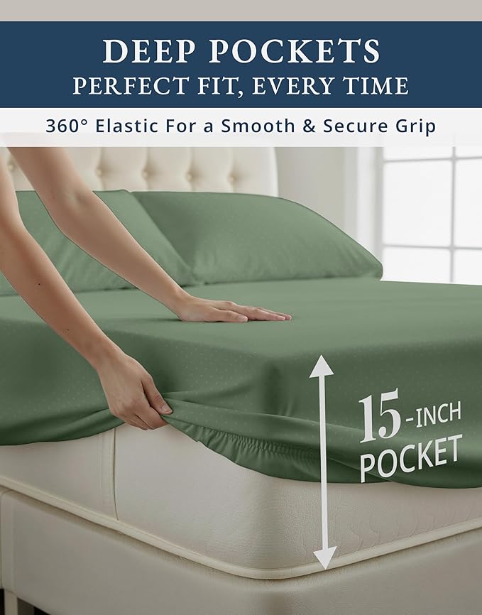 LANE LINEN Split King Sheets for Adjustable Beds - 5PC Sheets Set, 100% Egyptian Cotton, Cool Breathable & Soft, 2 Fitted Fits Upto 16" Deep Pockets - Swiss Dot - Iceberg Green