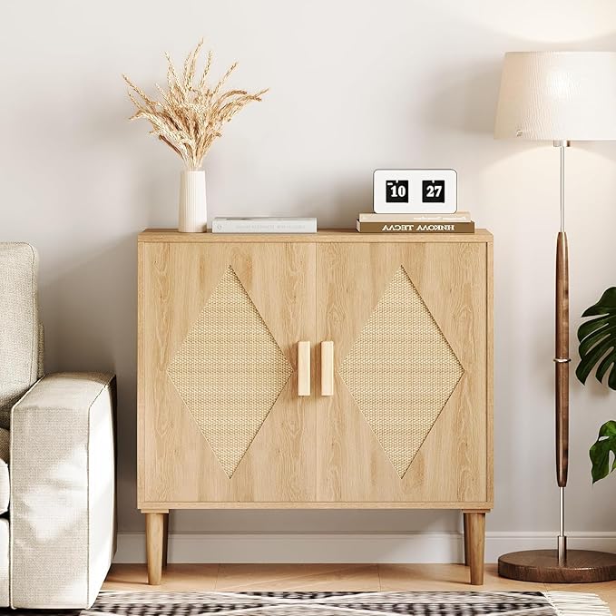 GarveeHome Buffet Cabinet with Storage, Storage Cabinet with 2 Rattan Decorated, Sideboard Cabinets, Accent Cabinets for Living Room, Dining Room, Entryway, Natural