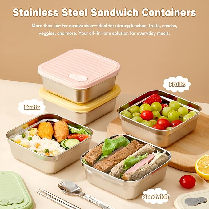 2 Pack Sandwich Containers, 20oz Stainless Steel Sandwich Box with Lids, Reusable Metal Meal Prep Lunch Boxes, BPA-Free, Dishwasher Safe, Food Storage Containers for Snacks & Fruits (White, Pink)