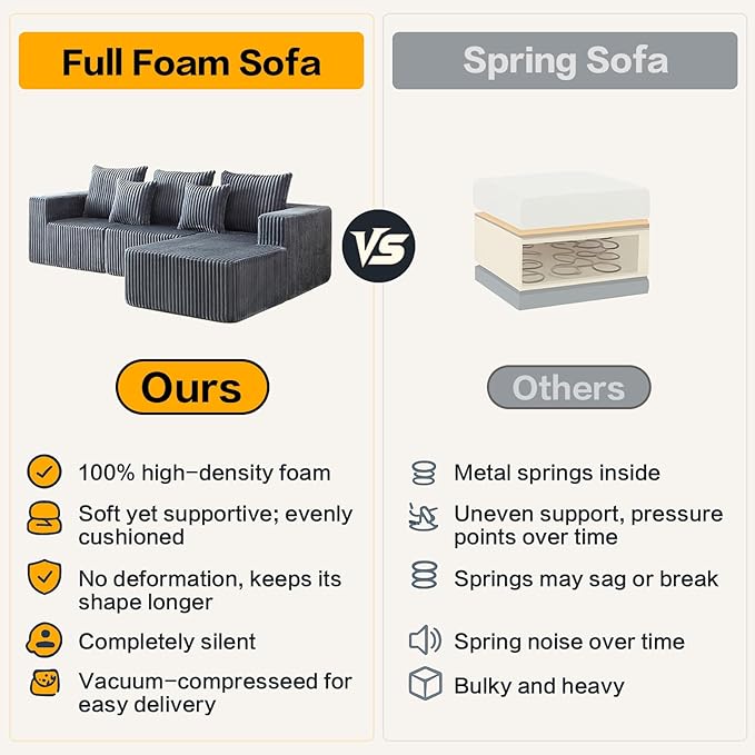 Boneless Couch, Memory Foam Couch in a Box, 100.7" Modular Sectional Couches Corduroy Fabric, Modern Sofa with Deep Seat, Compressed Sofa for Living Room, Bedroom (Grey, Right Facing Chaise)