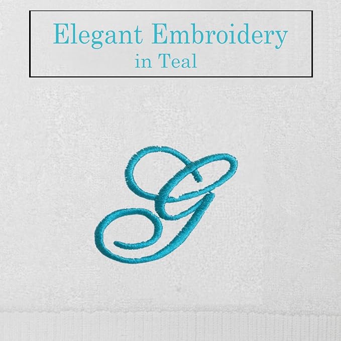 White Monogrammed Hand Towels for Bathroom - Luxury Hotel Quality Personalized Initial Embroidered Towel for Powder Room, Spa - GOTS Organic Certified - Set of 2 Teal Letter G