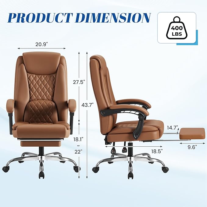 Furmax Office Chair with Footrest Ergonomic High Back Design Executive Computer Desk Chair400lbs, 90-135° Reclining Leather Home Office Desk Chairs Swivel Task Chairs with Wheels (Brown)