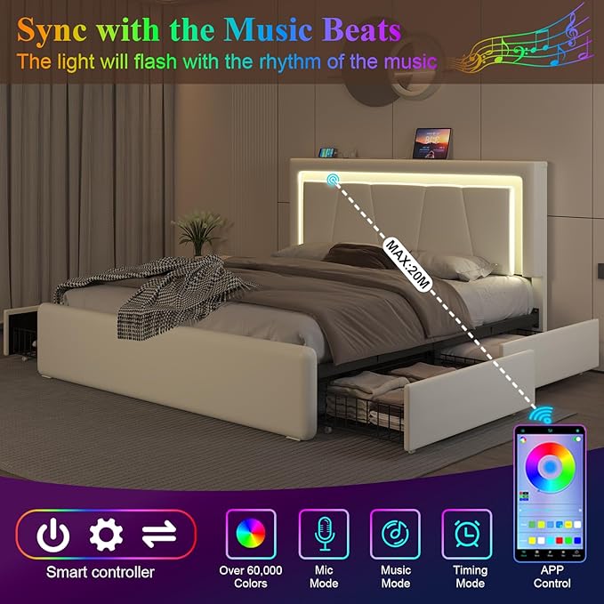 Full Size Bed Frame with 4 Storage Drawers and LED Lights, Upholstered Platform Bed with Adjustable Headboard and Charging Station, Metal Slats Support, No Box Spring Needed,Easy Assembly, White