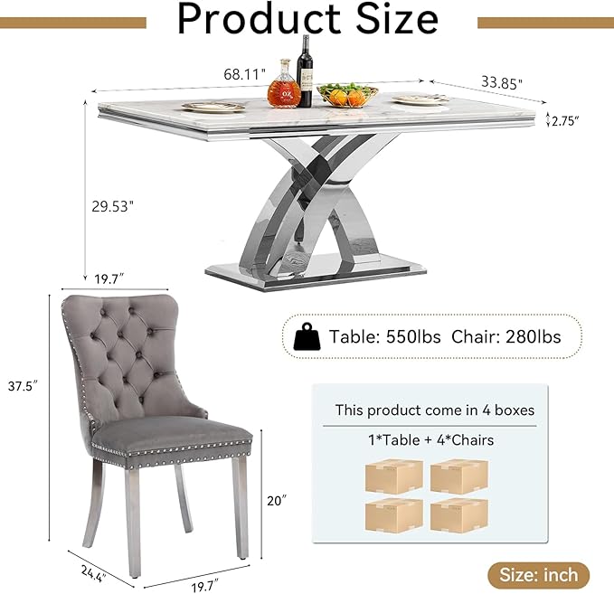 Goujxcy 68" Marble Dining Table Set for 4, Modern Rectangle Dining Room Table Set for 4, Luxury White Silver Marble Kitchen Table and Chairs Set of 4 for Living Room,Kitchen
