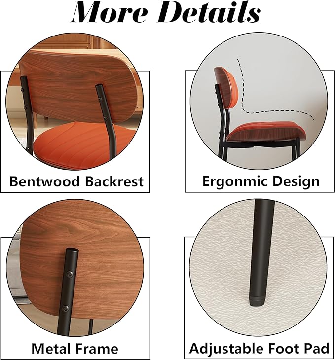 Modern PU Leather Dining Room Chairs Set of 2, Upholstered Kitchen Chairs with Walnut Bentwood Back and Metal Legs Adjustable Feet for Kitchen Dining Room(Orange)