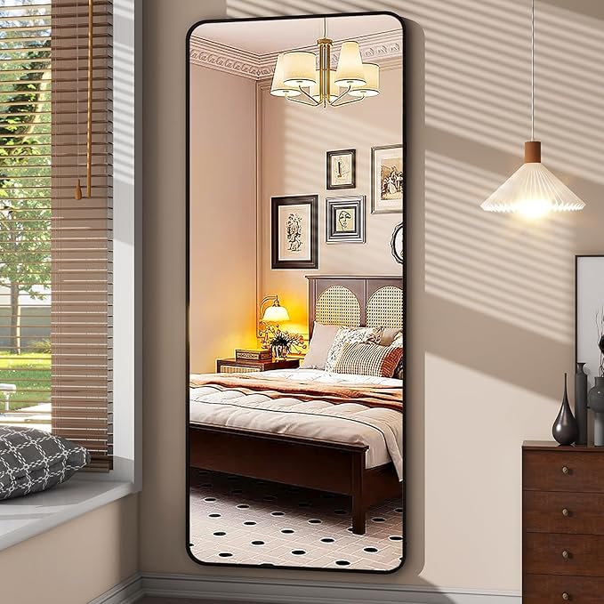 64"x21" Full Length Mirror, Full Body Rounded Corner Rectangle Mirrors with Stand, Standing or Leaning Metal Framed Floor Mirror, Wall Mounted Mirrors Hang Horizontally or Vertically, Black