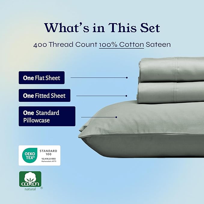 California Design Den Twin Sheets Set - Soft 400 Thread Count Sateen, Natural 100% Cotton Sheets with Deep Pockets, Cooling and Durable Bedding Set - Sage Green