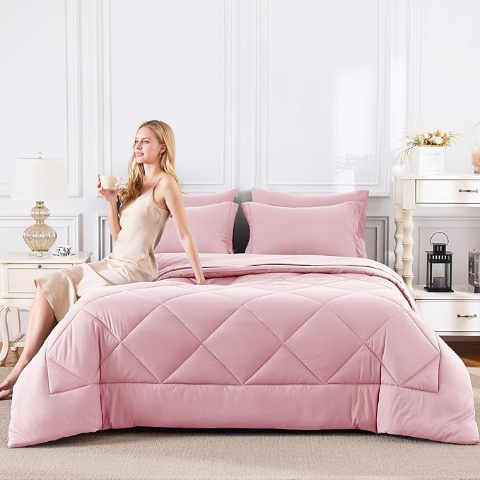 CozyLux King Size Comforter Sets Pink - 7 Pieces Bed in a Bag King, Luxury Soft Bed Set for All Seasons, Bedding Set with Down Alternative Comforter, Sheets, Pillowcases & Shams