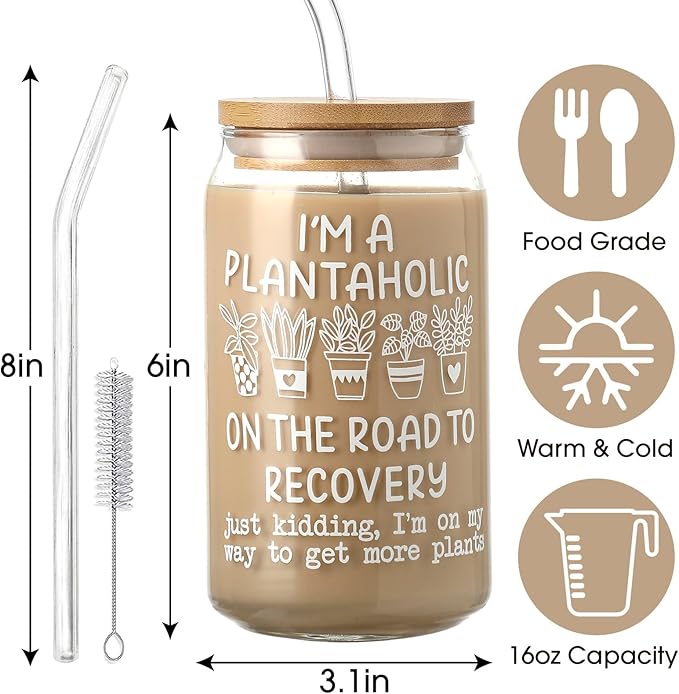 SUPREME LIGHTS ·2017· Gifts for Plant Lovers, Cool Gifts for Plantaholic, 16 oz Plantaholic Iced Coffee Glass Cup, Gardener Mug, Flower Planting Gift for Gardeners Women, Gardening Gift for Women Men