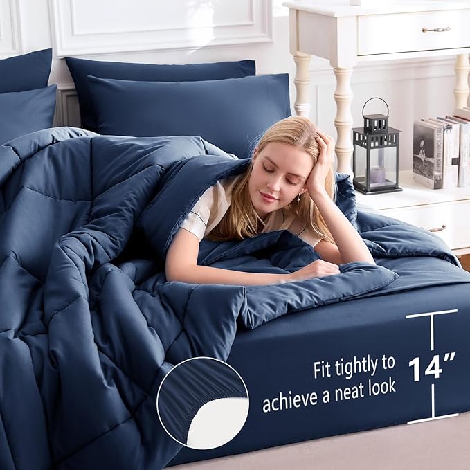 CozyLux Full Size Comforter Sets Navy Blue, 7 Pieces Bed in a Bag, Navy Comforter Full Size, All Season Bedding Sets with Stitch Quilted Comforter, Flat Sheet, Fitted Sheet, Pillowcases