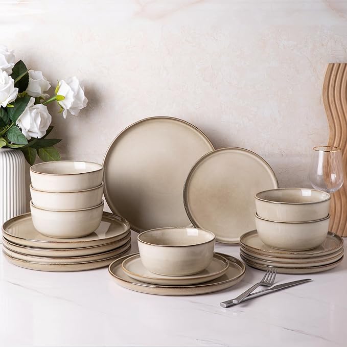 GBHOME Ceramic Dinnerware Sets for 4, 12 Pieces Stoneware Plates and Bowls Sets, Scratch Resistant Dishes, Dishwasher & Microwave Safe, Reactive Glaze-Cappuccino