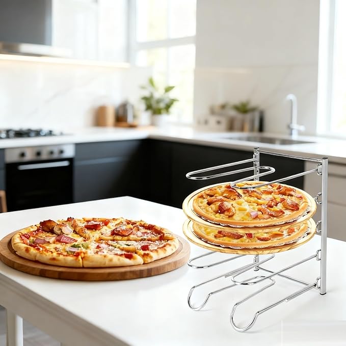 Pizza Rack, 5-Tier Stainless Steel Pizza Pan Storage Rack, Compact and Convenient Design for Easy Storage Multiple Pizzas pan 10.43" L x 8.52" W x 13" H, Pizza Pan Rack