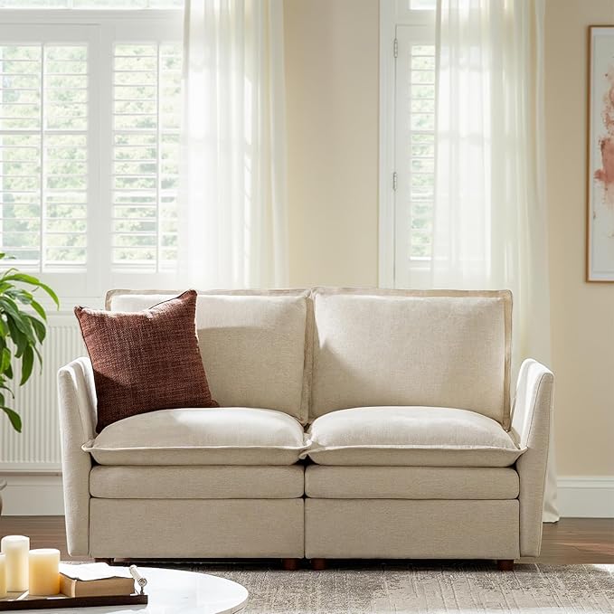 HULALA HOME 68'' Loveseat Sofa with Dual-Layered Cushions, 2 Seater Sofa with Storage Ottoman and Removable Cover, Modern Deep Seat Cloud Couch for Living Room, Beige