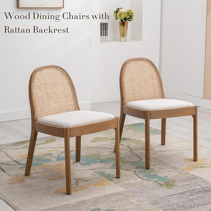 HEAH-YO Rattan Dining Chairs Set of 6, Upholstered Linen Dining Room Chairs with Backrests, Modern Kitchen Chairs with Wood Legs for Dining Room, Beige