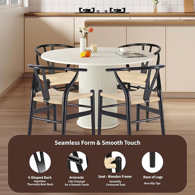 Tomile Wishbone Chair Y Chair, Wooden Dining Chairs Set of 2, Mid Century Modern Chairs with Arms, Solid Wood Weave Seat Kitchen & Dining Room Chairs (Ash Wood-Black Frame + Natural Cord)