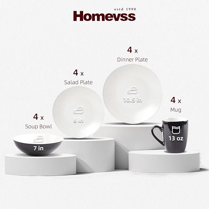 Stoneware Two-Tone Colors Life 16pc Dinner Set，Outside Shiny Black + Inside Matte Glaze Off White Cream color