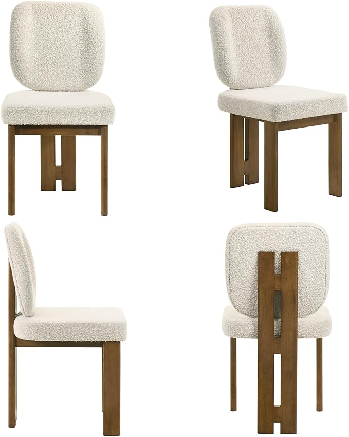 Modern Boucle Dining Chairs Set of 6, Farmhouse Sherpa Upholstered Wooden Kitchen Chairs with Back, Side Armless Dining Room Chairs with Walnut Wood Legs for Kitchen Restaurant, Beige