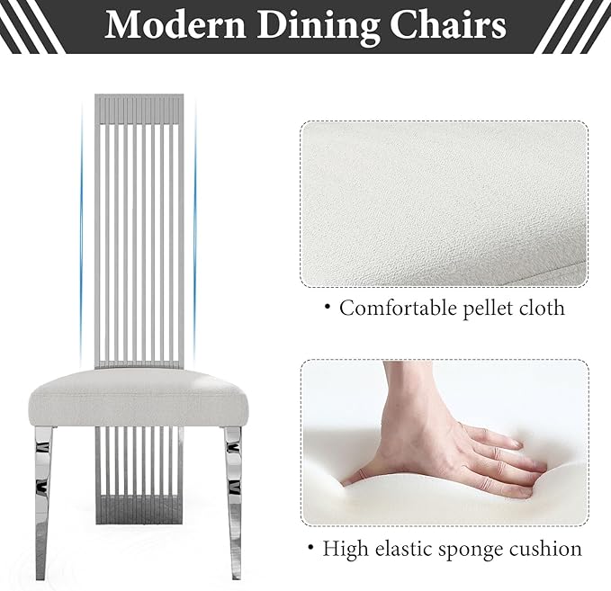 Upholstered Dining Chairs Set of 10, White and Silver Dining Room Chairs, Modern Luxury Chairs with High Back and Mirrored Silver Metal Legs for Kitchen Living Room Restaurant