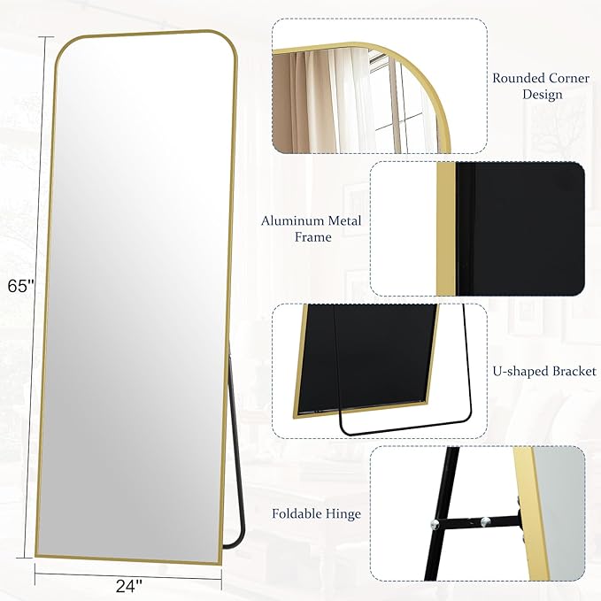 Full Length Mirror 65"x24" Arched Floor Standing Large Mirrors Full Body Mirror with Stand - with Aluminum Frame for Bedroom Living Room, Gold